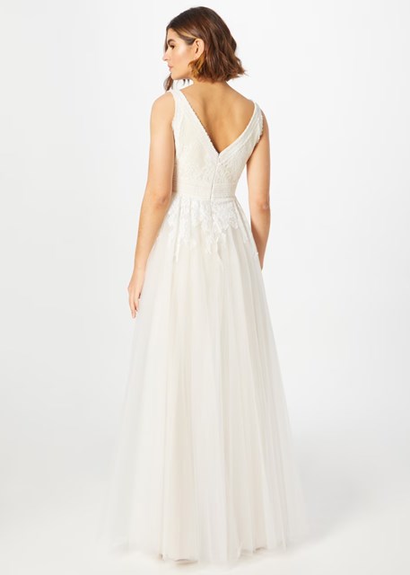 Krémové svadobné šaty s bielou čipkou